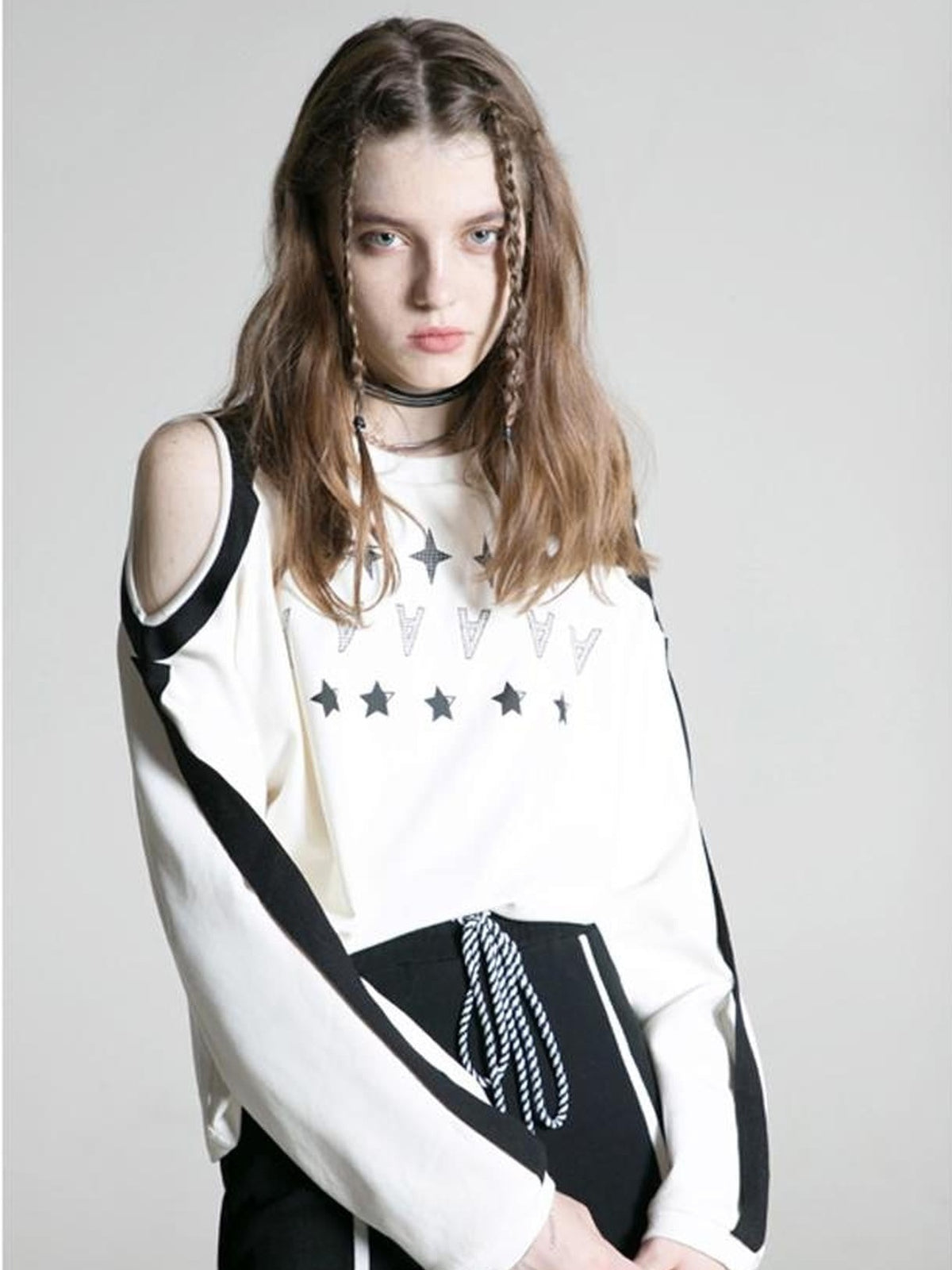ANYQUESTION Contrast Print Ribbon Off Shoulder Women&