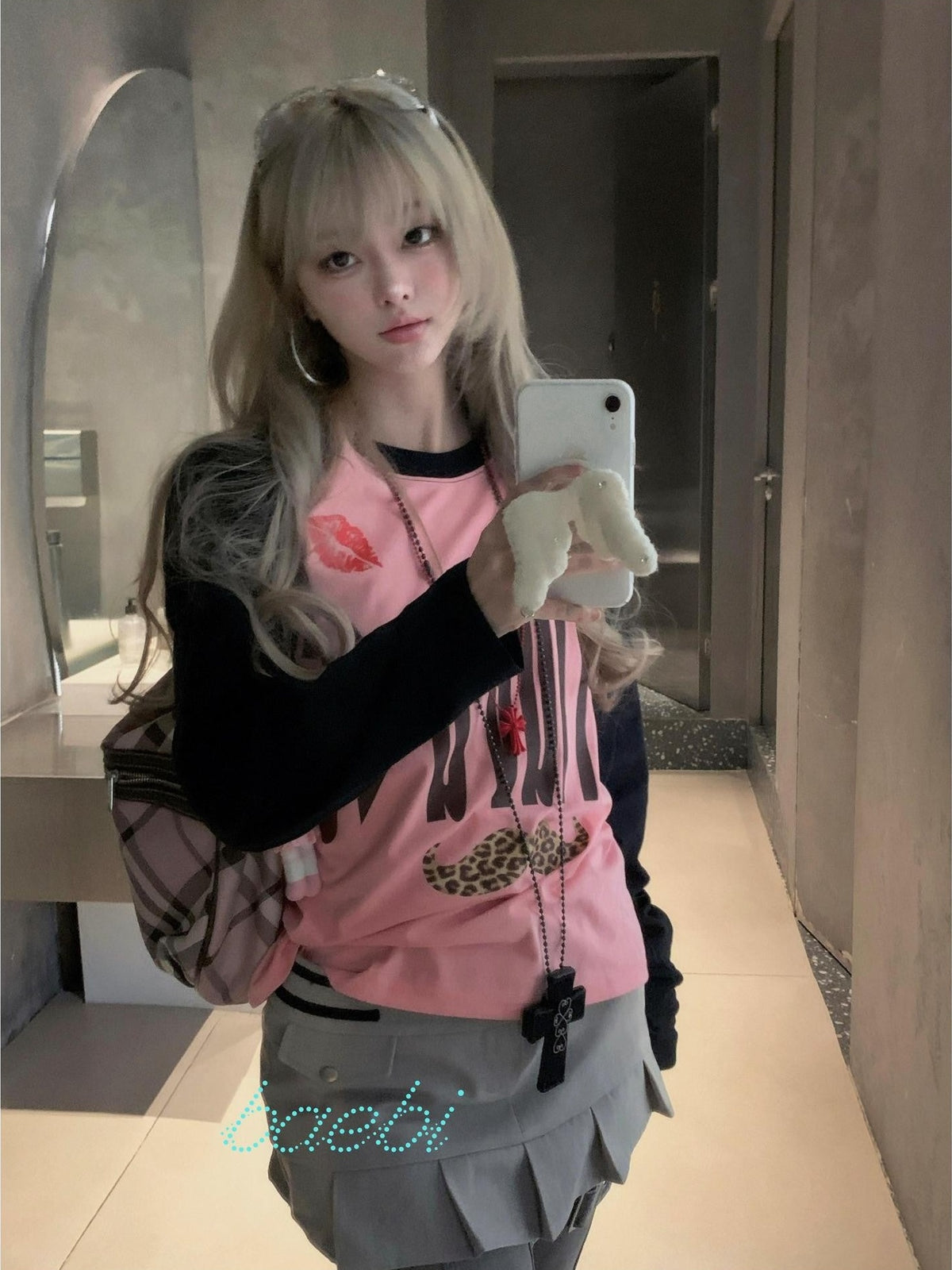 bae bi Retro Letter Leopard Print Raglan Colorblock Women&