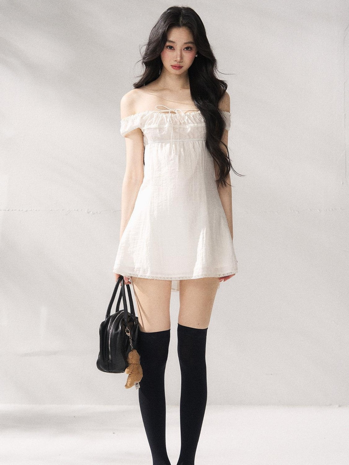 7Shiftin Cinched Tie Waist Minimalist Sleeveless A Line Women White Mini Dresses