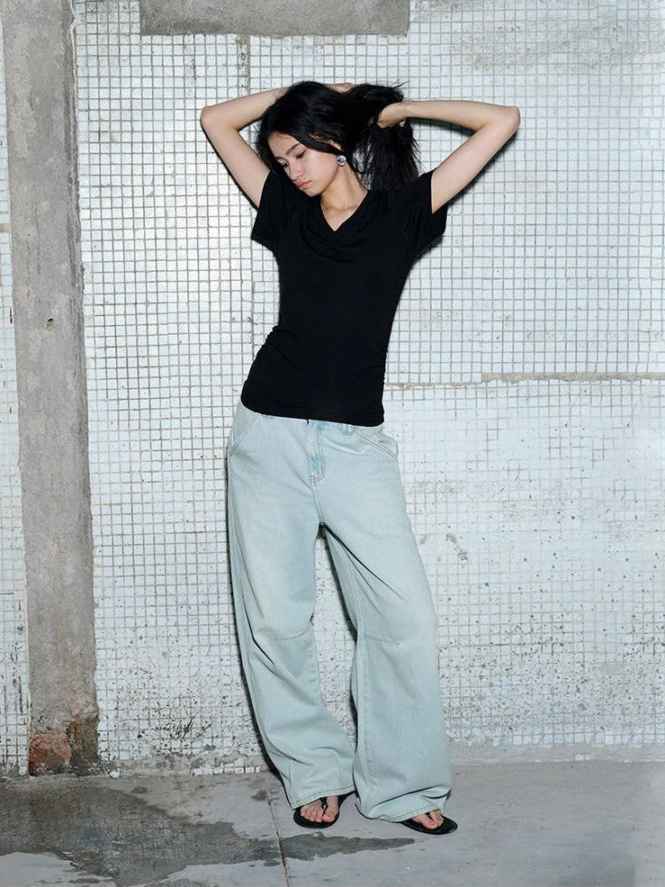 AFTADAWN Light Blue Washed Pleated Relaxed High Waist Women&