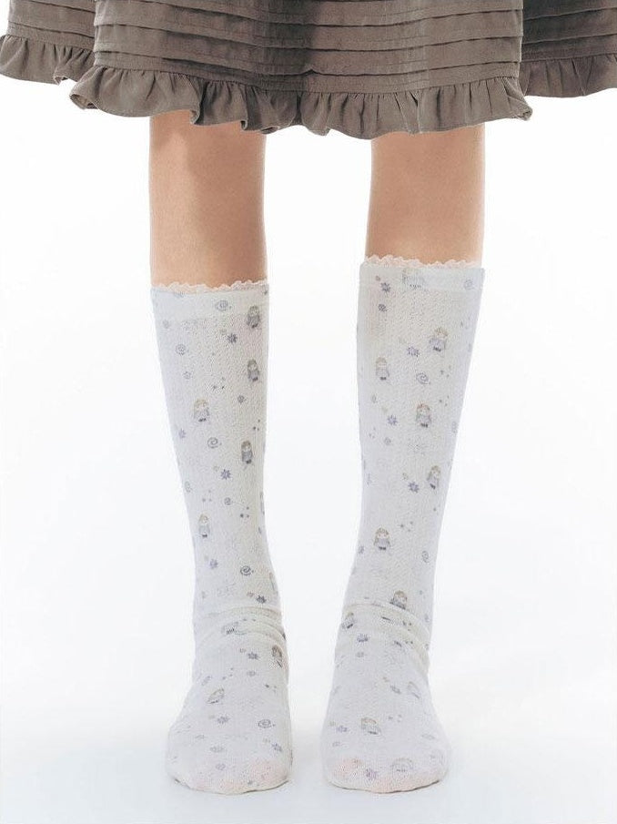 NAPSNAPS Hand Drawn Girl Print Lace Trim Women&