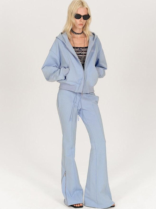 AFTADAWN Solid Hooded Zip Jacket Micro Flare Pants Women&