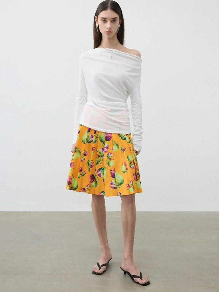 AFTADAWN Tropical Orange Printed Pleated A Line High Waist Women&