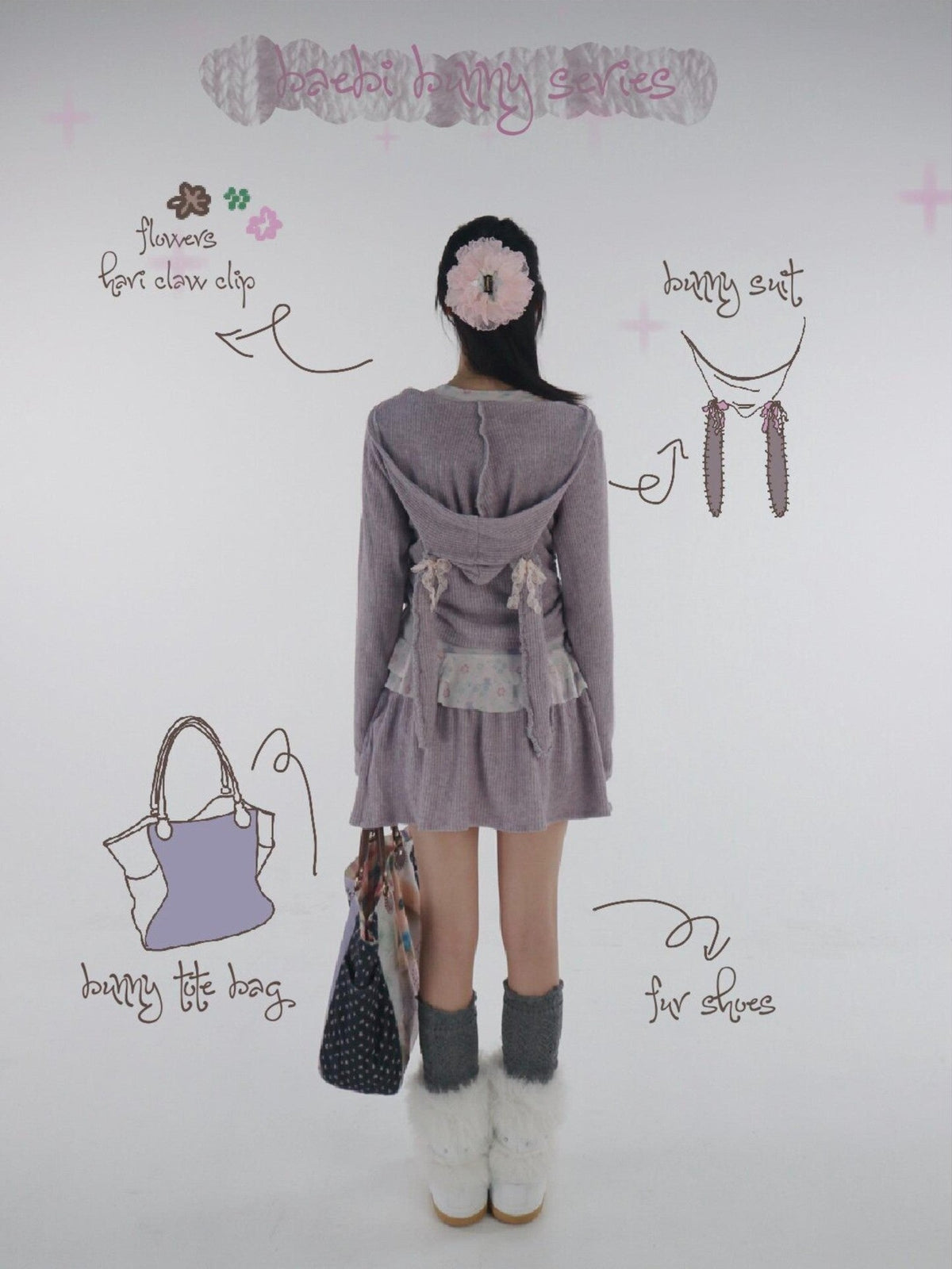 bae bi Bunny Ears Cross Neck Handstitched Lace Bow Women&