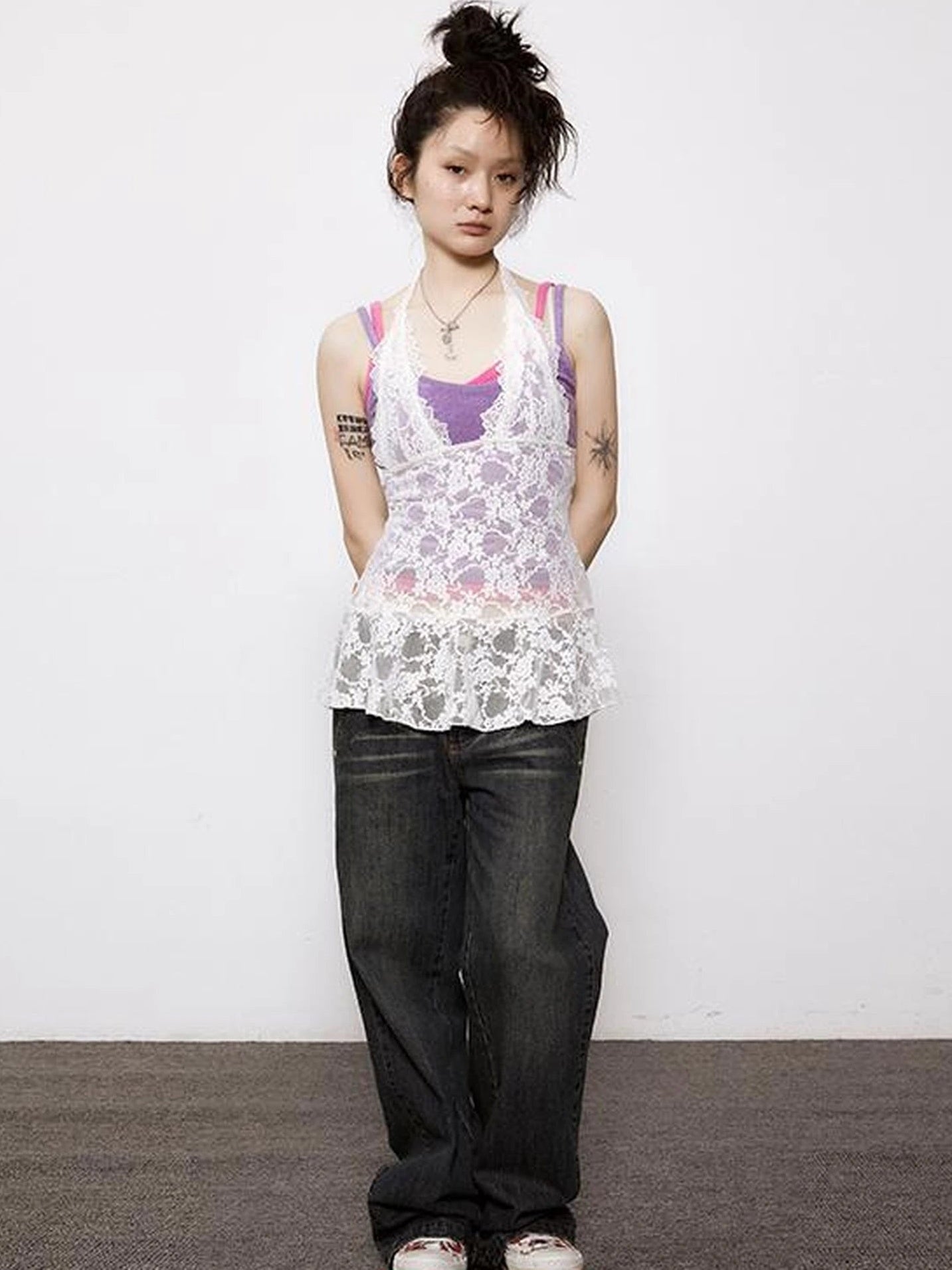 Achihara Adjustable Bow Halter Top With Wave Hem