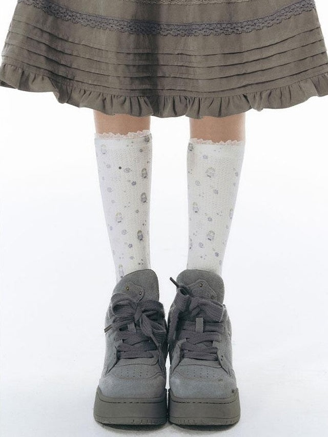 NAPSNAPS Hand Drawn Girl Print Lace Trim Women&