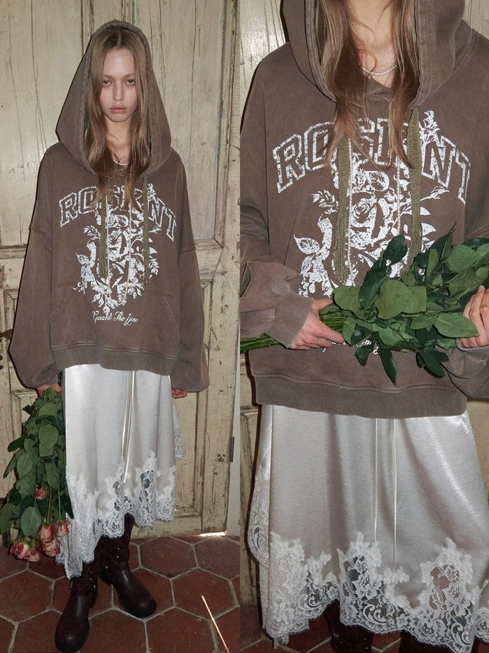 1JINN STUDIO American Ruched Sleeve Rose Print Washed Distressed Oversized Women&