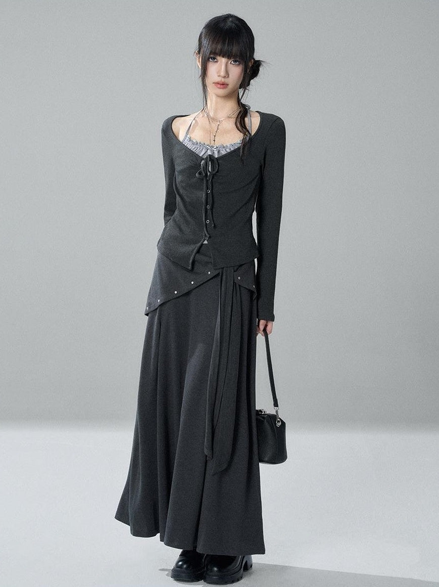 LADYGHOST Korean Style Faux Two Piece Ruched Lace Trim Halter Women&