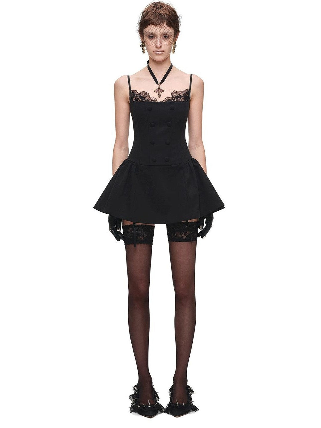 1JINN STUDIO Patchwork Lace Napoleon Double Breasted Cinched Waist Women&