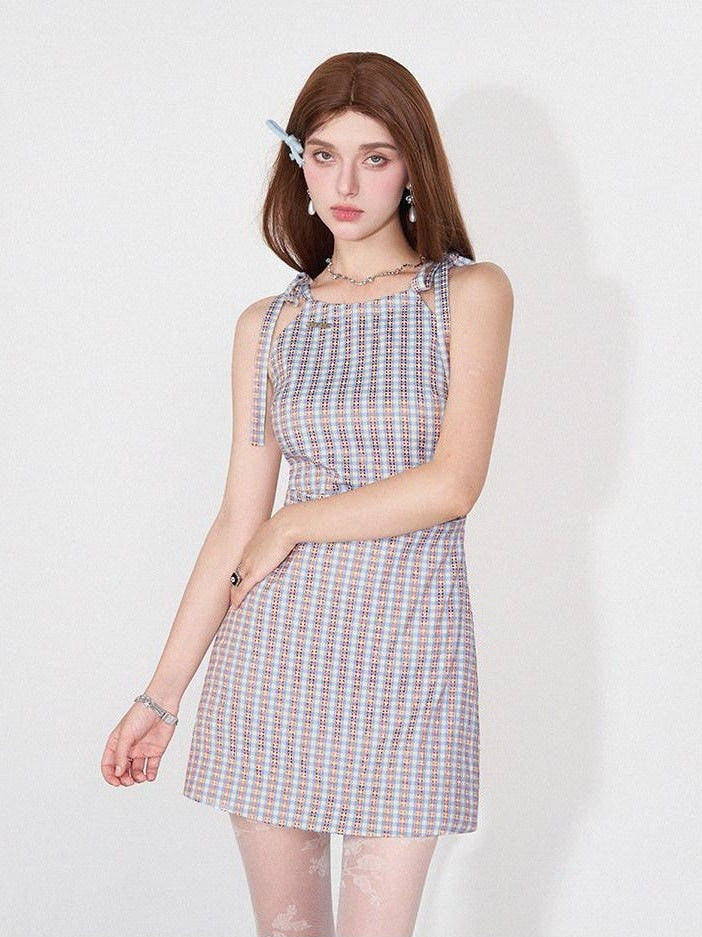 AFTADAWN Grapevine Plaid Halter Tie Ruched Women&