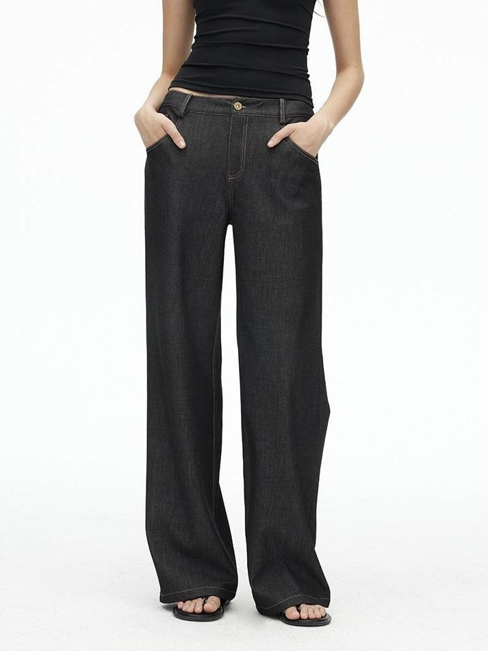 AFTADAWN Faux Denim Back Pocket Embroidery Low Waist Women&