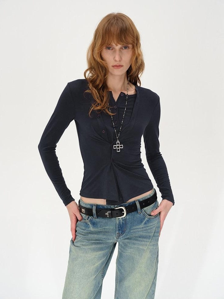 AFTADAWN Irregular Button Placket Faux Layered Women&