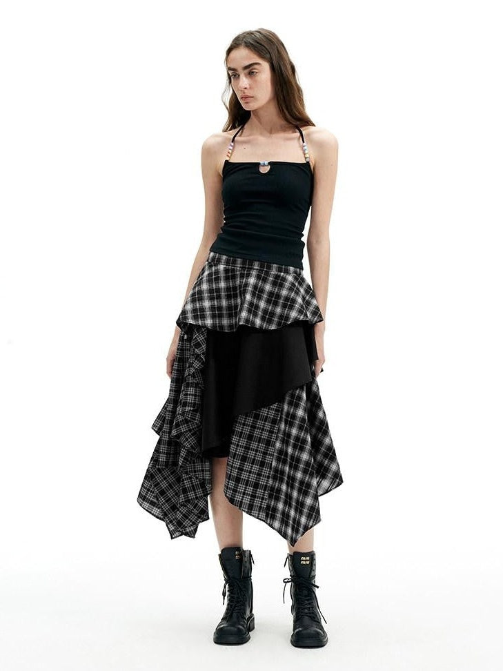 AFTADAWN Black White Plaid Patchwork Irregular A Line Women&