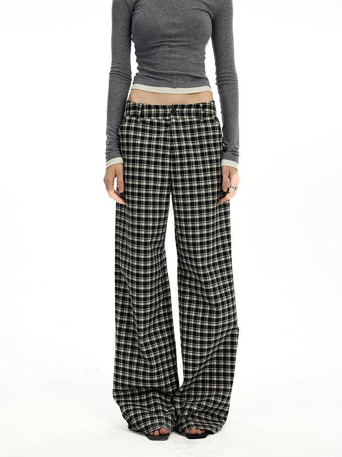 AFTADAWN Plaid Relaxed Mid Rise Natural Waist Pocketed Zip Fly Women&