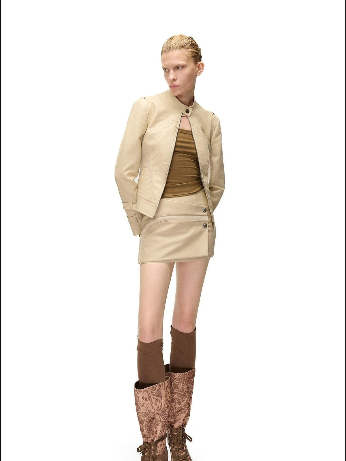 NORTH NODE Cropped Embroidered Panelled Slim Fit Pu Women&