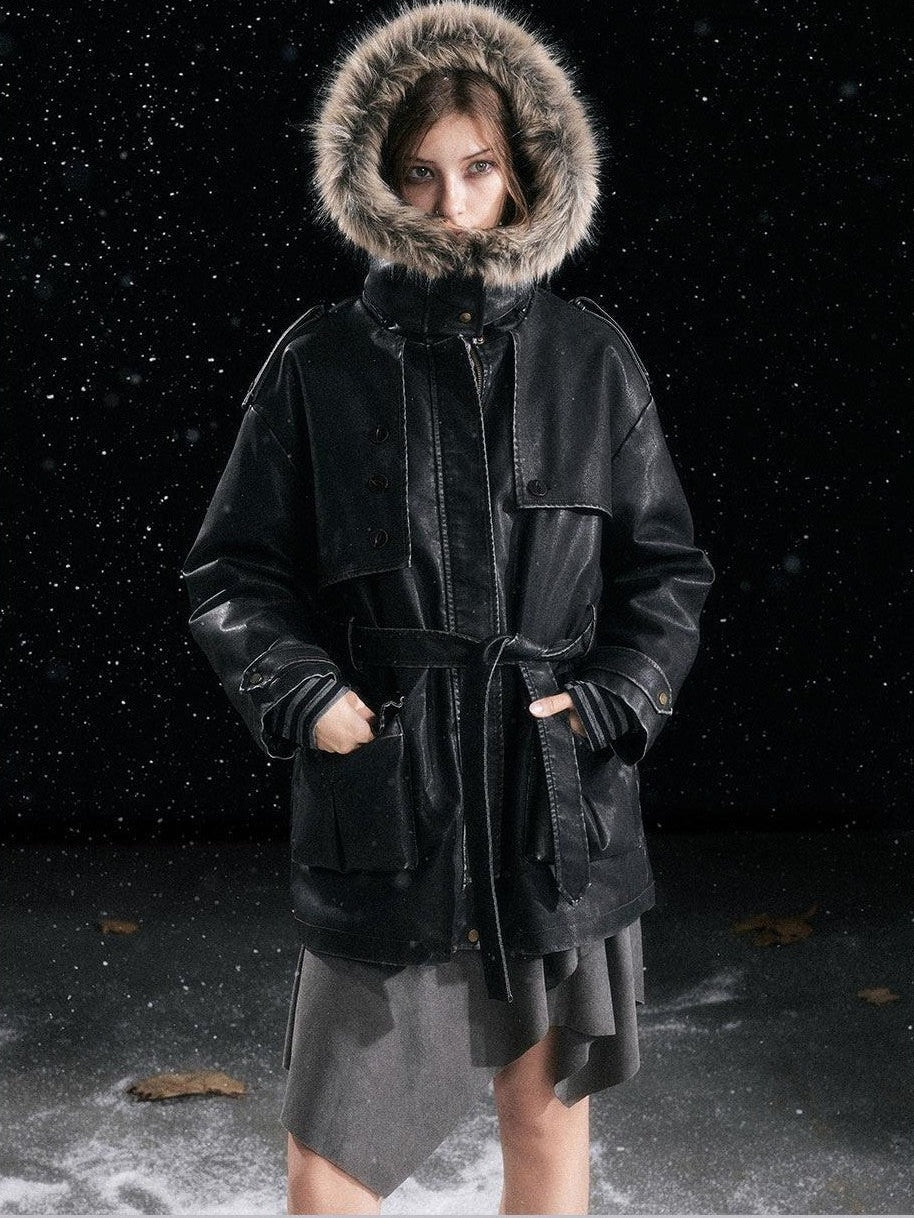 Cest Nous Fur Collar Hooded Utility Distressed Women&