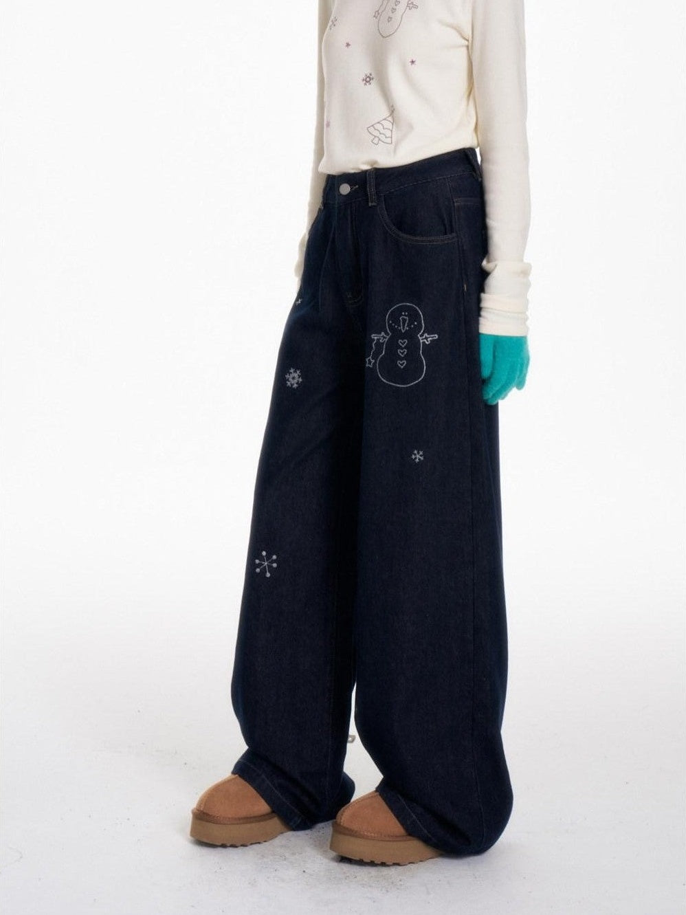 BETWEENAND Snowman Print Vintage Loose Slimming Fleece Lined Women&