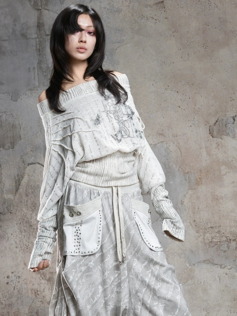 ARIADNAw Vintage Punk Print Off Shoulder Knit Top Cardigan