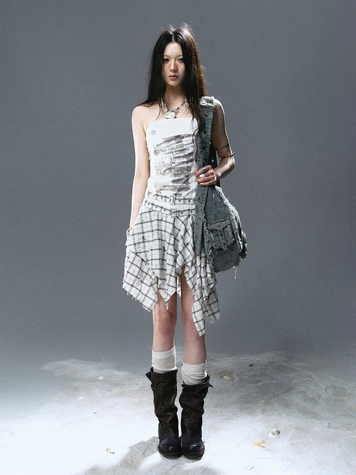 Cest Nous Graffiti Print Ruched Irregular Plaid Women&