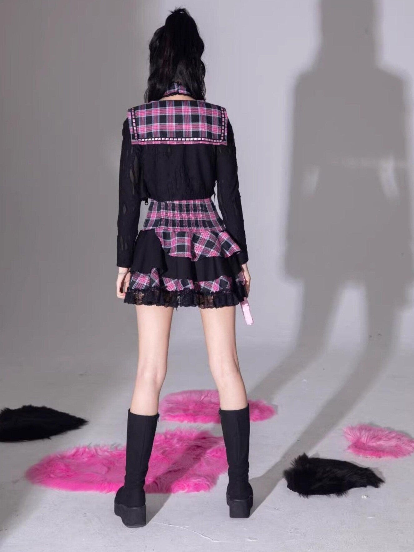 Evil Tooth Heart Stripe Ripped Sailor Collar Cropped Punk Women&