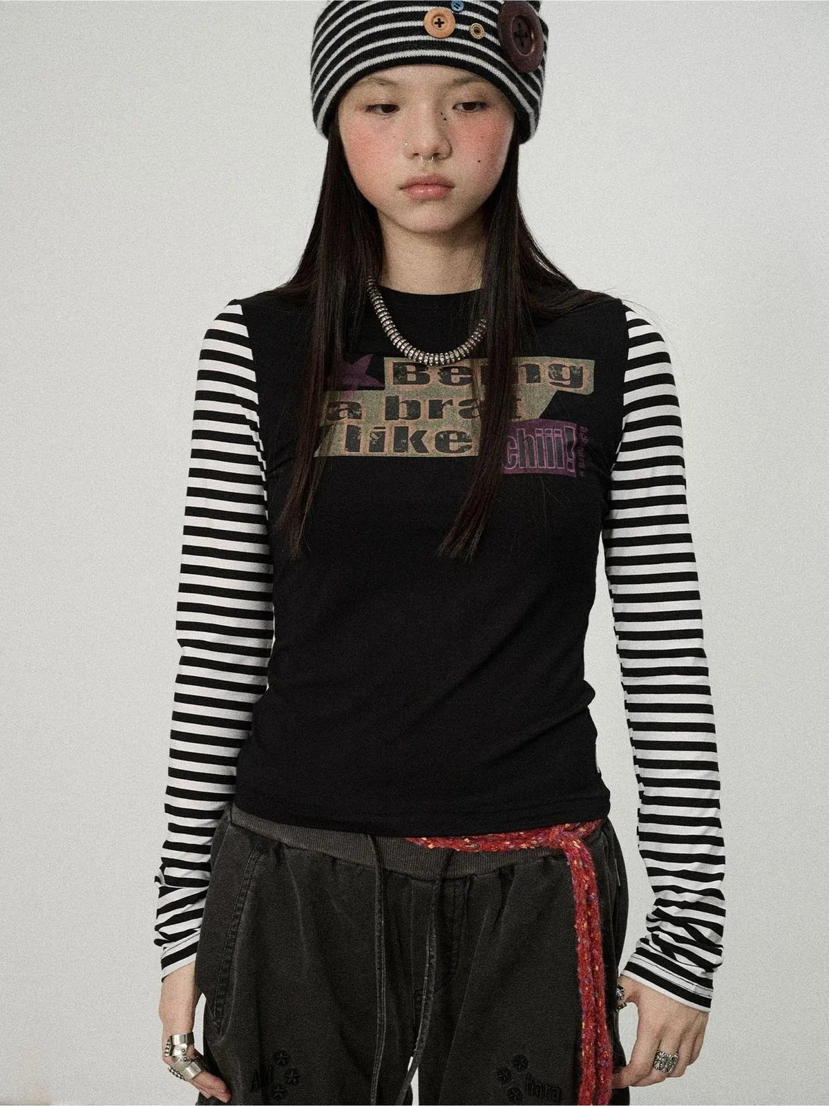 Achihara Being A Brat Like A Child Stripe Long Sleeve Top