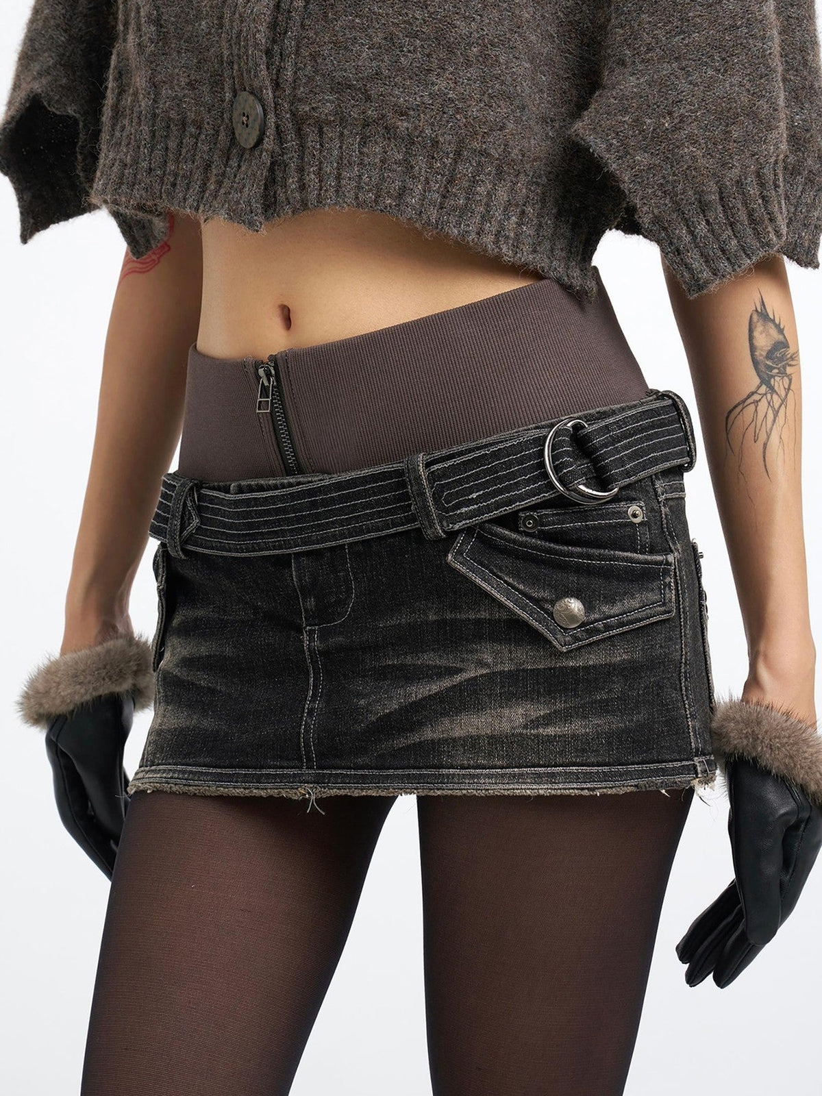 Flowers birds Market Washed Distressed Embroidered Double Waist Women&