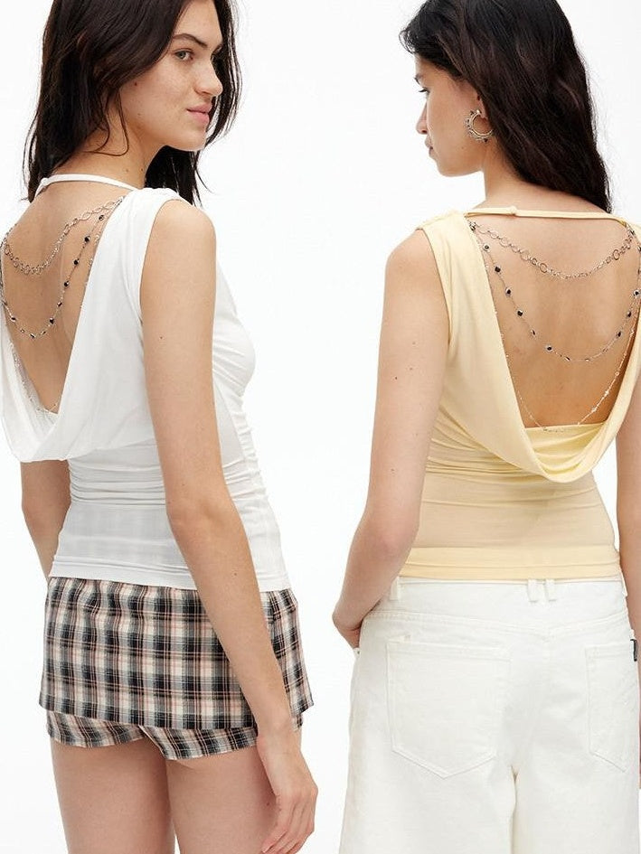 AFTADAWN Cooling Silky Backless Cowl Neck Detachable Chain Ruched Women&