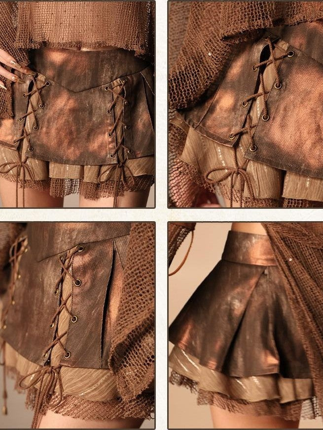 Virtual Orbit Distressed Foil Pleated Patchwork Low Rise Women&