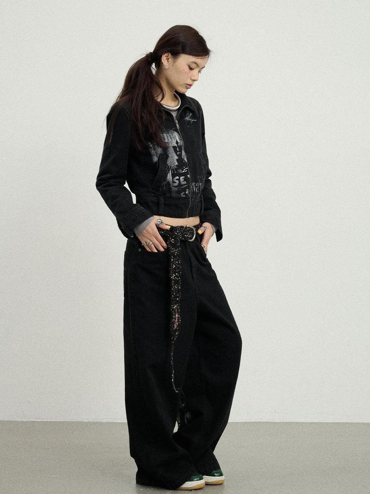 Achihara Print Fleece Lined Stand Collar Cotton Denim Women&