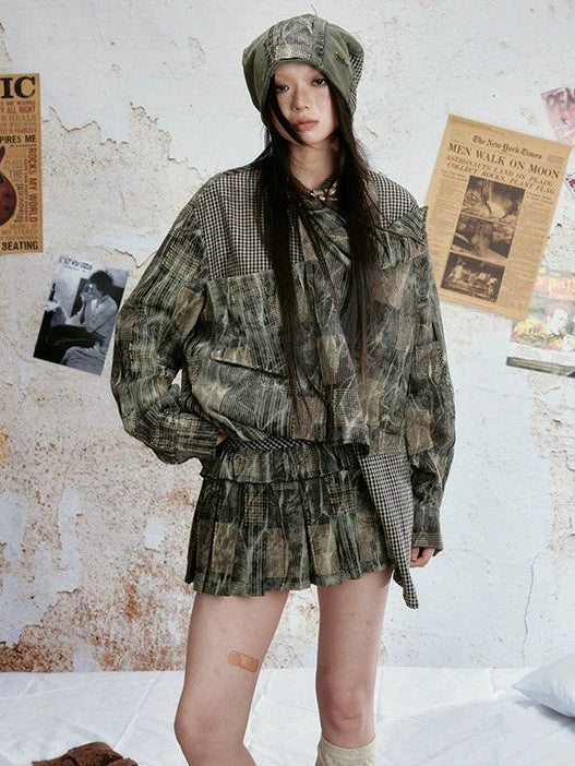 ALL iN plan Vintage Tie Dye Plaid Shirt Skirt Set