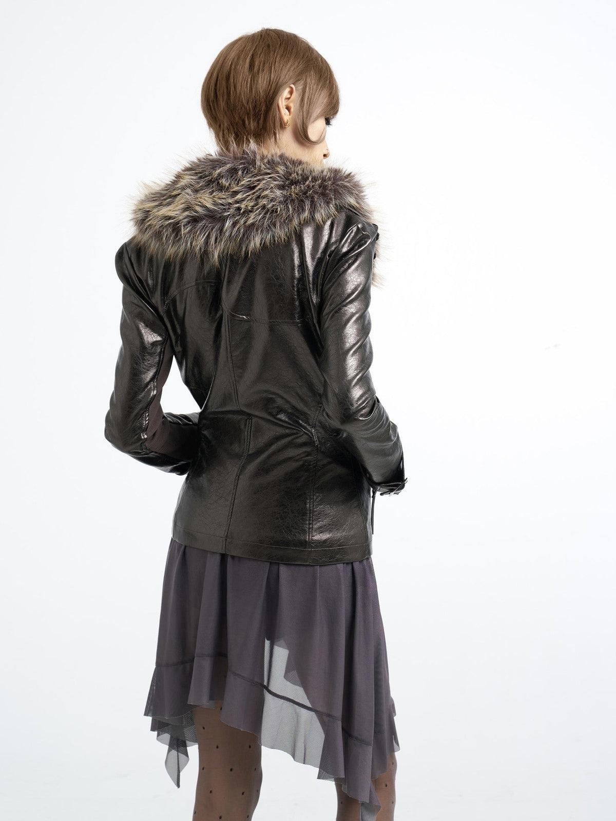 Flowers birds Market Detachable Fur Collar Double Zip Print Pu Women&
