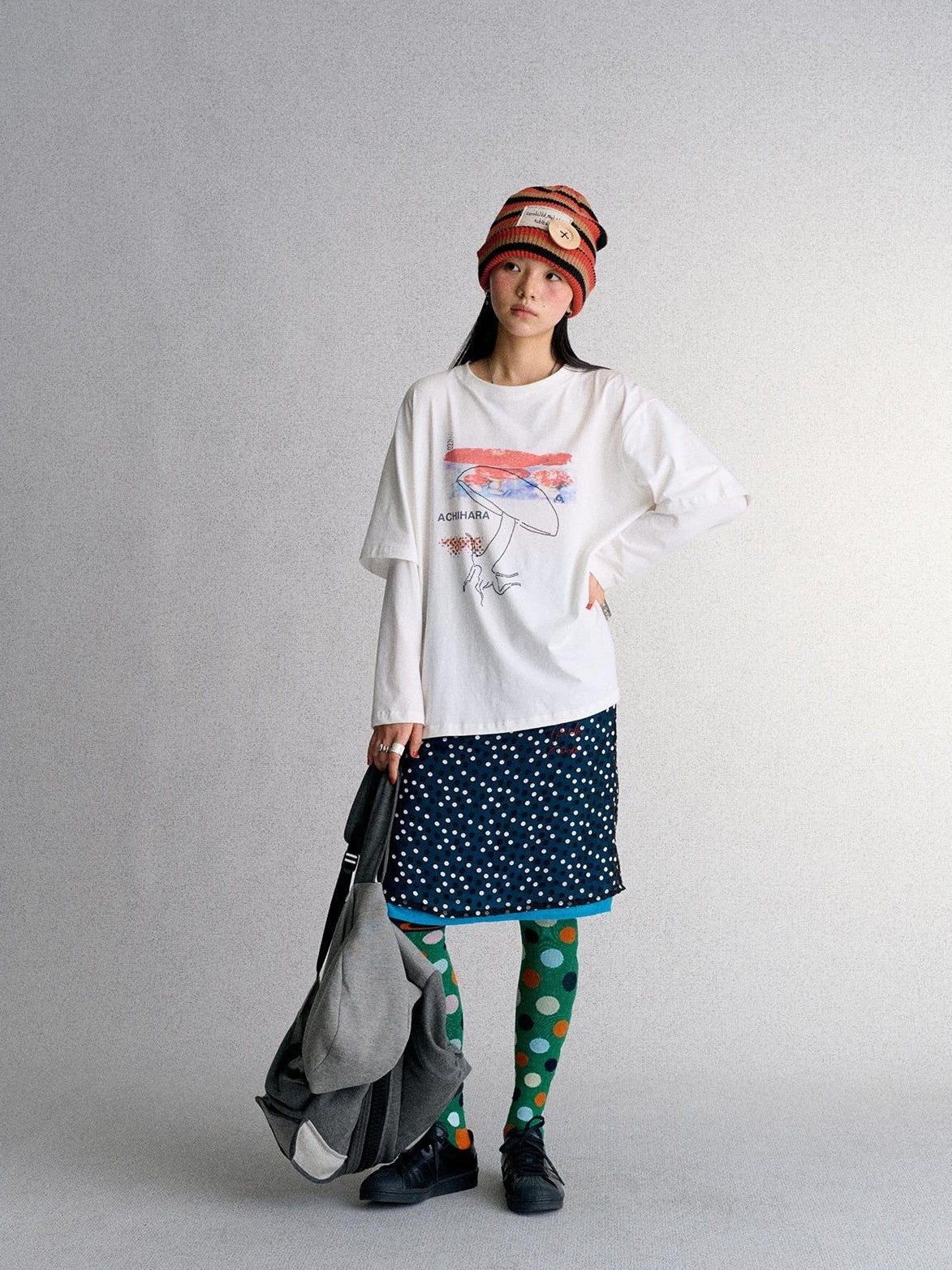 Achihara Mushroom Print Rhinestone Faux Layered Women&