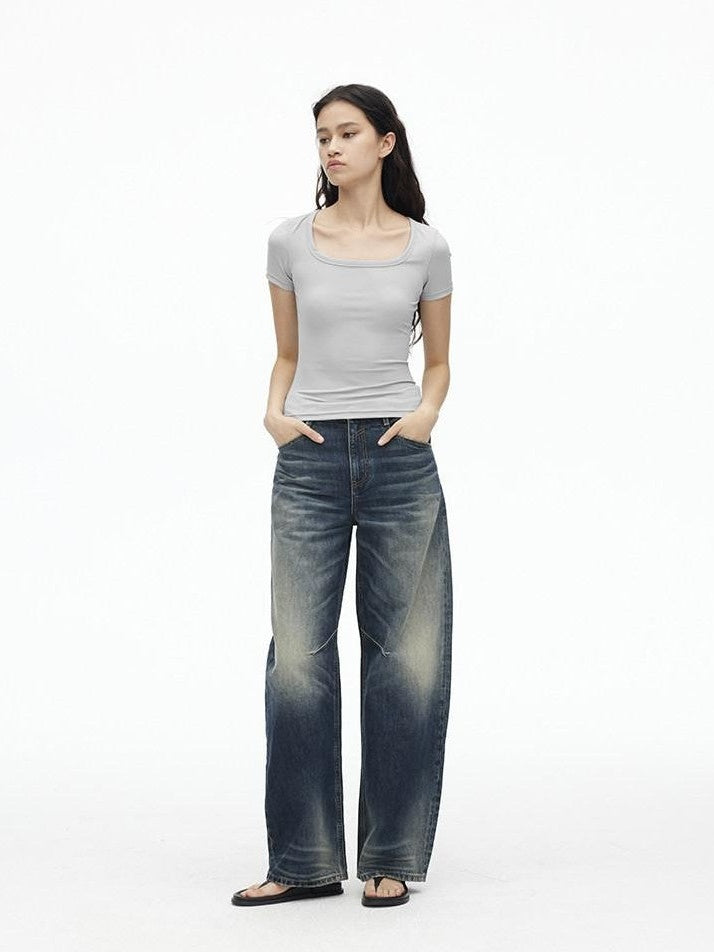 AFTADAWN Deep Blue Washed Low Waist Loose Straight Curved Leg Women&