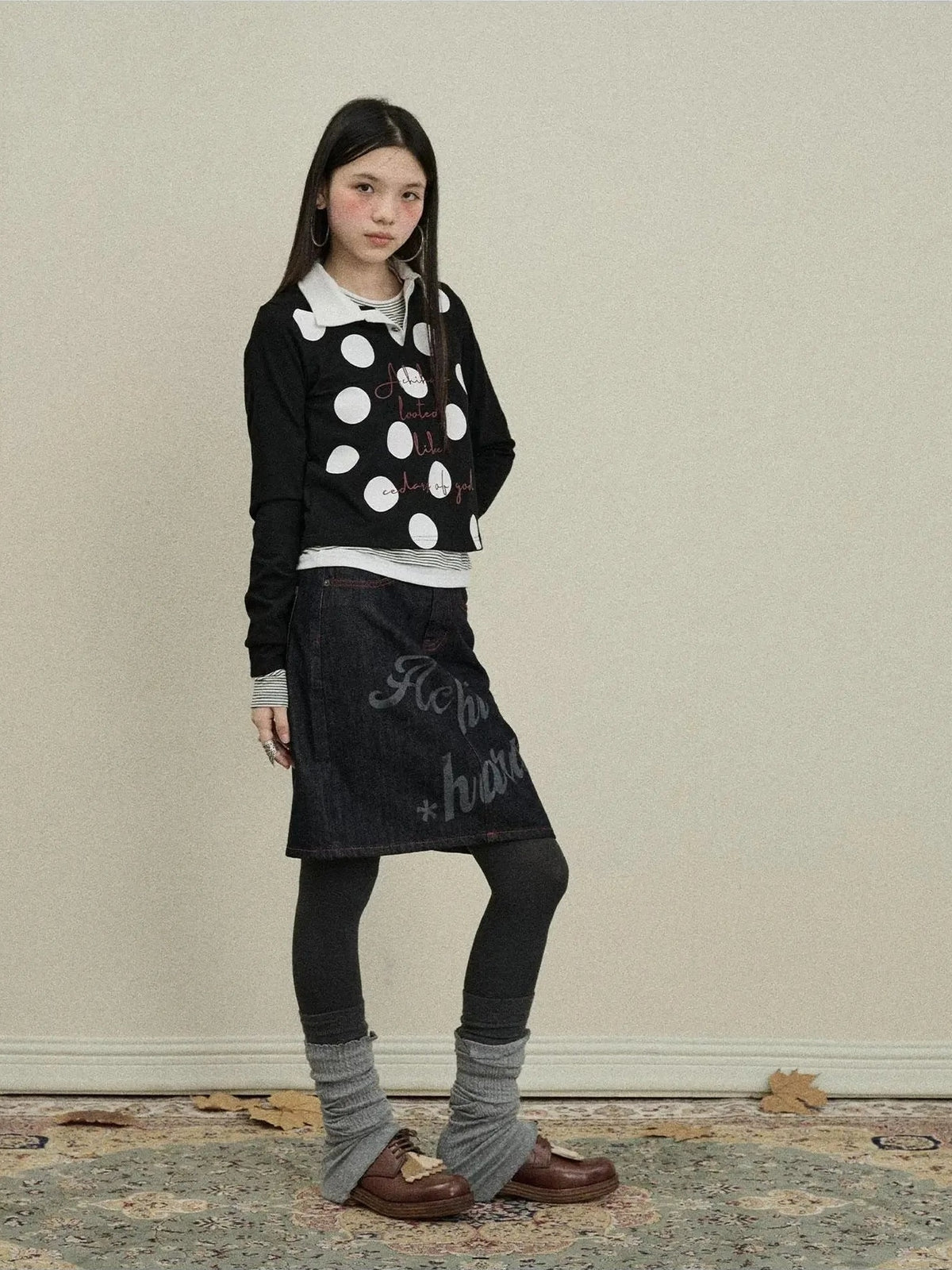 Achihara Denim Print Mini Skirt 2025 Spring Autumn Casual Wear