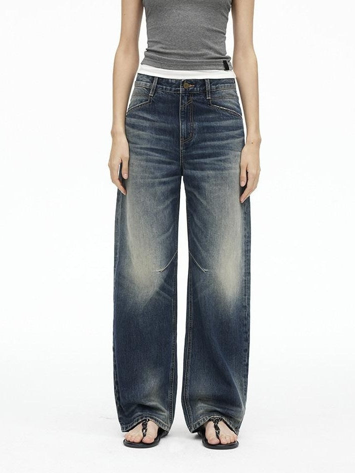 AFTADAWN Deep Blue Washed Low Waist Loose Straight Curved Leg Women&
