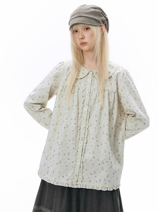 NAPSNAPS Hand Painted Girl Print Peter Pan Collar Ruffle Puff Sleeve Women&