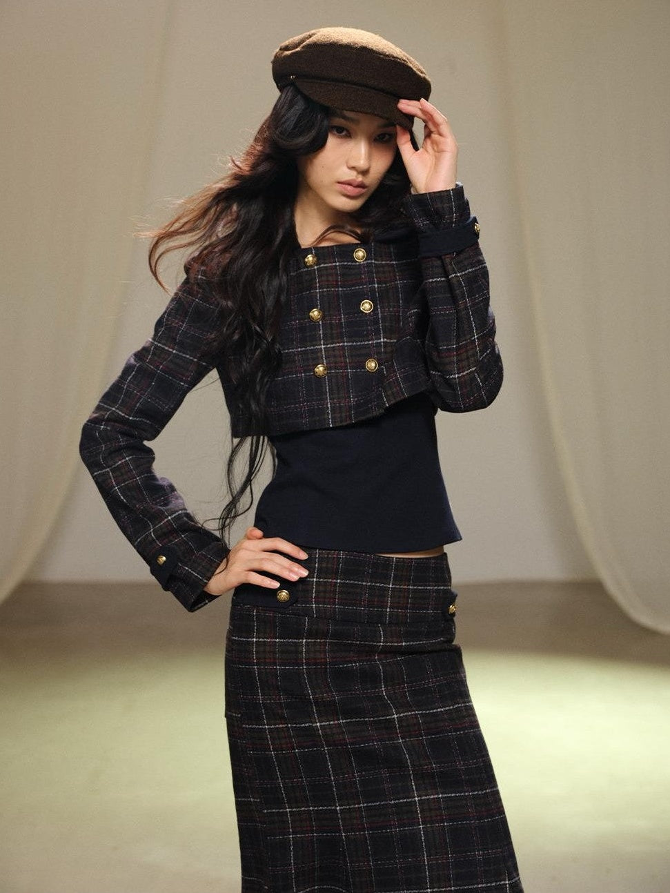 lvetong Plaid Wool Blend Cropped Jacket Long Sleeve Fishtail Skirt Women&