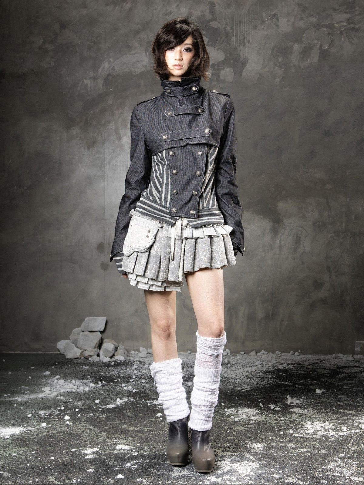 ARIADNAw Denim Blue Asymmetrical Striped Patchwork Original Design Women&