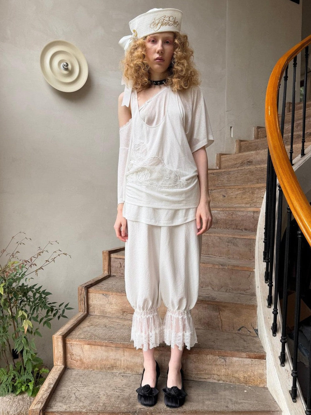 1JINN STUDIO Solid Lace Lantern Style Loose Drape Elastic Waist Women&