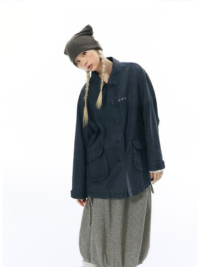 NAPSNAPS Chest Embroidered Vintage Loose Fit Cotton Women&