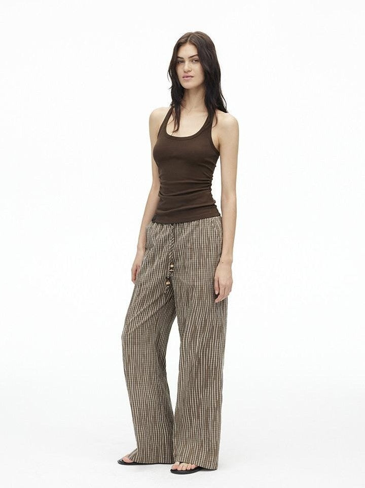 AFTADAWN Vertical Check Textured Beaded Drawstring Women&
