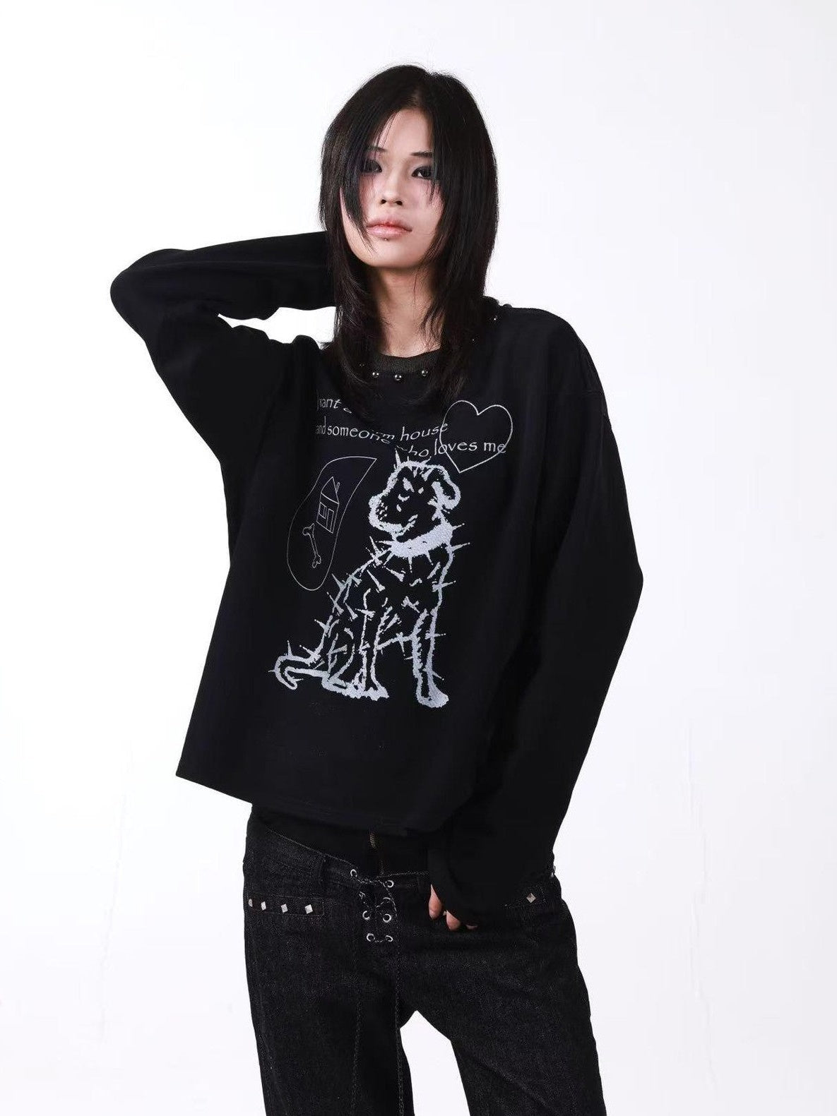 DETW onLine Washed Black Studded Slogan Print Women&