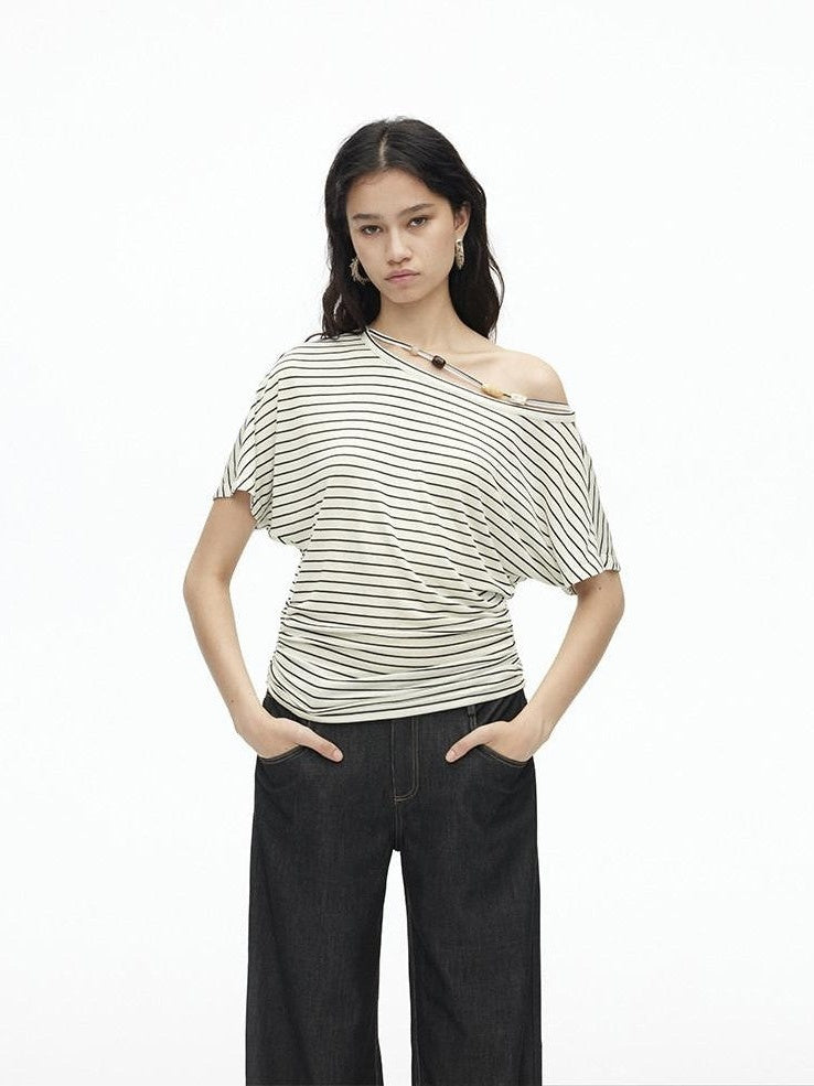 AFTADAWN Striped Beaded Halter Asymmetric Women&