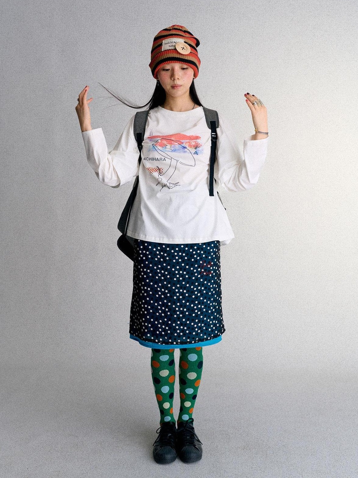 Achihara Mushroom Print Rhinestone Faux Layered Women&