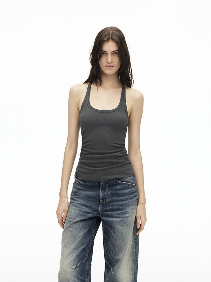 AFTADAWN Cropped Backless Beaded Ruched U Neck Slim Women&