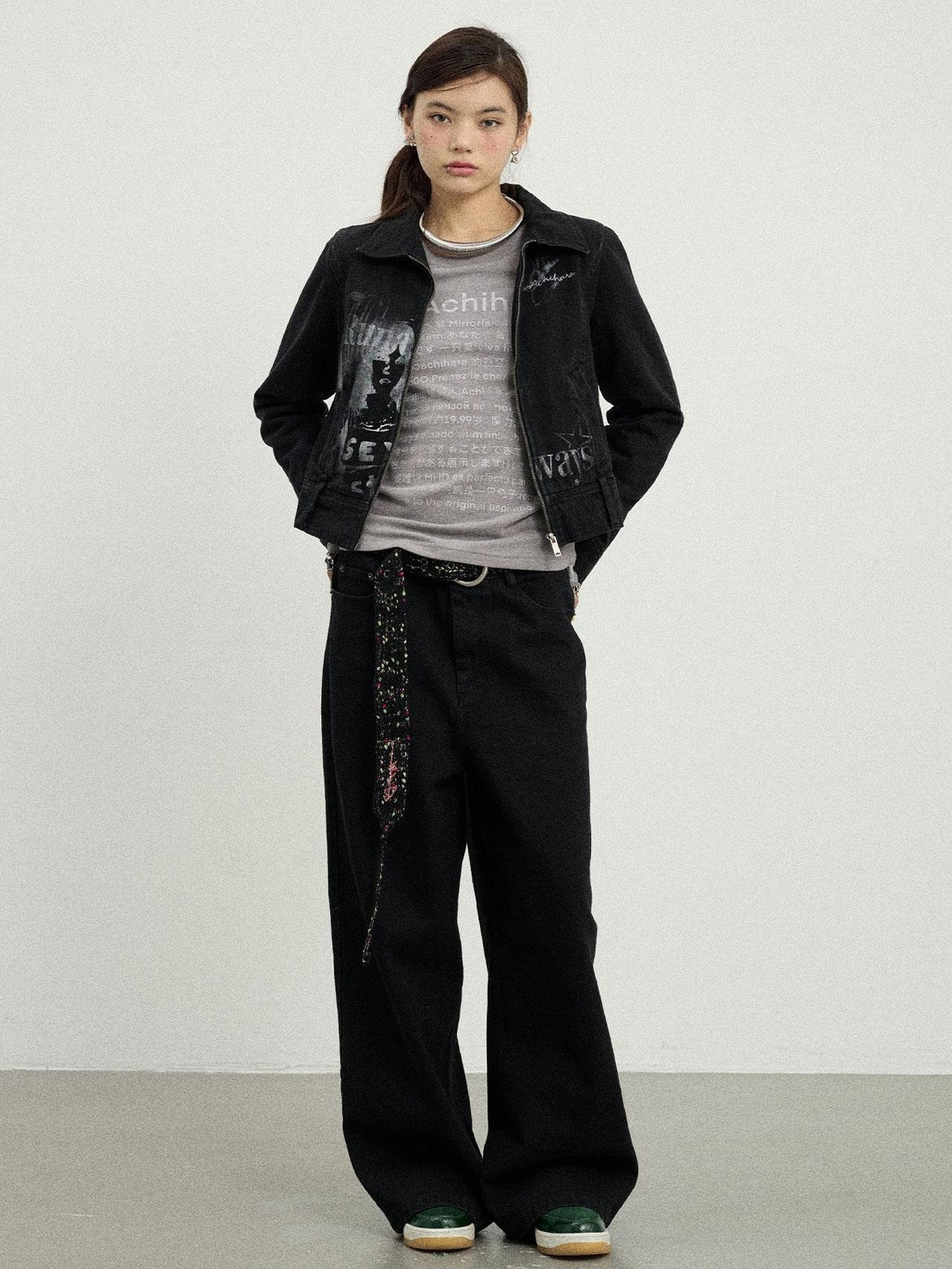 Achihara Print Fleece Lined Stand Collar Cotton Denim Women&