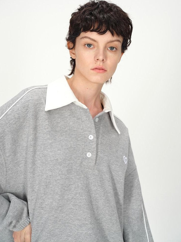 AFTADAWN Gray Embroidered Polo Collar Fleece Pleated Women&