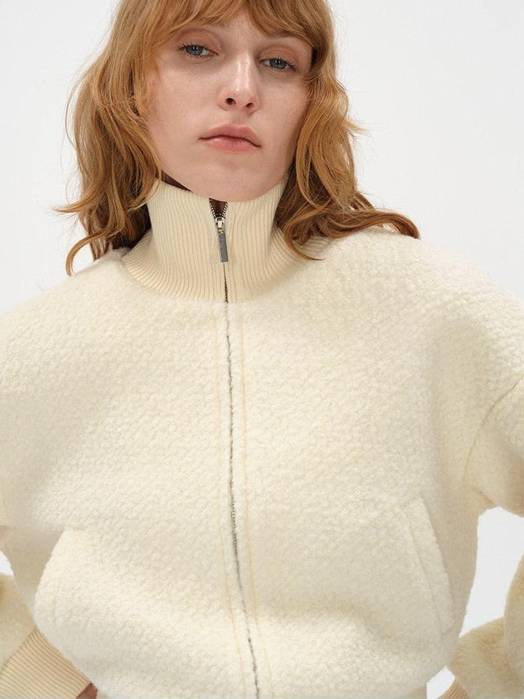 AFTADAWN Ivory Ribbed Knit Zip Stand Collar Women&