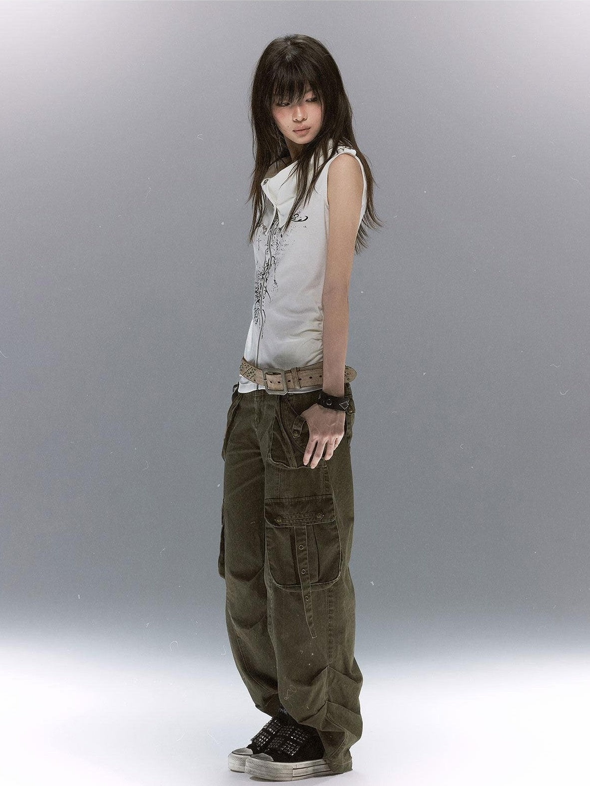 Cest Nous Distressed Multi Pocket Dual Waist Contrast Military Women&