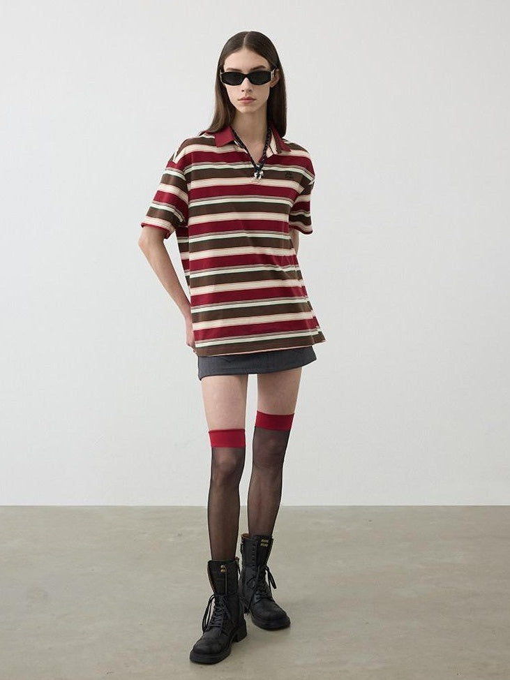 AFTADAWN Red Brown Striped Logo Polo Buttoned Women&